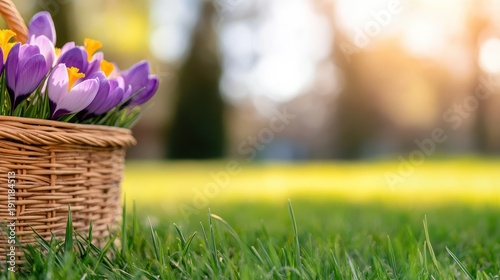 Wicker basket filled with colorful Easter eggs amid blooming crocuses