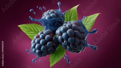 Hyper-realistic small explosion of dark blue raspberries and raspberry leaves with transparent purple juice splashing against a rich purple background, showcasing glossy textures and intricate details