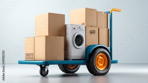 Blue hand truck trolley with orange wheels carrying sealed cardboard boxes, including a washing machine and various sizes of boxes, isolated on a clean white background