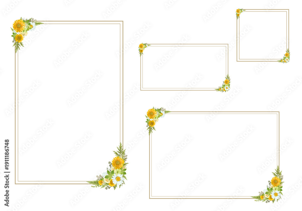 Obraz premium Gold Floral Diagonal Frame Bundle PNG, A4 Vertical, A4 Horizontal, 16:9 and Square Elegant Botanical Border Set with Large Copy Space
