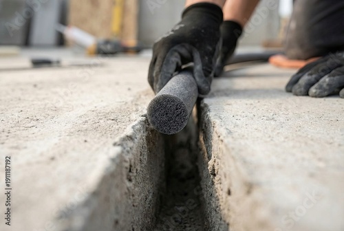 A construction worker inserts a foam backer rod into an expansion joint in a concrete slab before applying sealant.