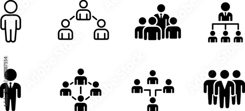 People hierarchy and organizational structure icon set illustrating teams, leadership, and professional networks in clean vector style for business, management, and corporate graphics.