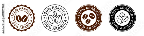 100% Arabica Coffee Beans Vector Sign. Caffeine Stickers.