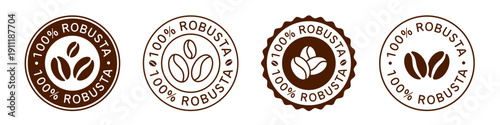 100% Robusta Coffee Beans Vector Sign. Caffeine Stickers.