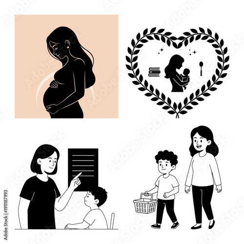 Dia de la Madre bundle with pregnancy silhouette, heart wreath mother and baby icon, mom teaching child and grocery basket walk
