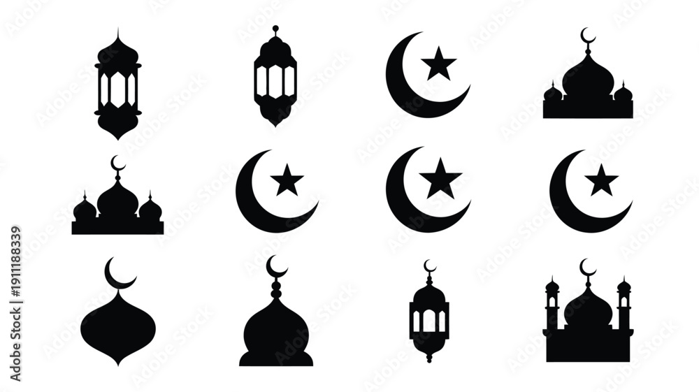 Naklejka premium Elegant black vector icons of mosques lanterns crescent moons and stars for ramadan and islamic design isolated on white background for cultural and religious themes