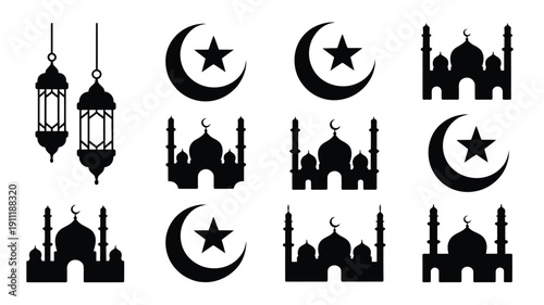 Elegant black vector icons of mosques crescent moons stars and lanterns on white background for ramadan or islamic design
