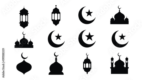 Elegant black vector icons of mosques lanterns crescent moons and stars for ramadan and islamic design isolated on white background for cultural and religious themes