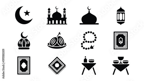 Ramadan kareem icon set featuring mosque lantern crescent moon dates and prayer beads on white background