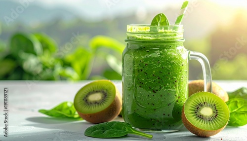 Green smoothie with spinach and kiwi in a glass jar. Detox and wellness concept, bright natural lighting.