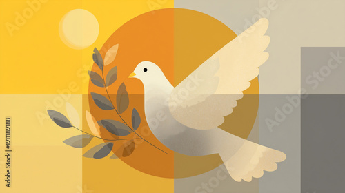 Minimalist illustration of a peace dove carrying an olive branch on a warm geometric background, with copy space