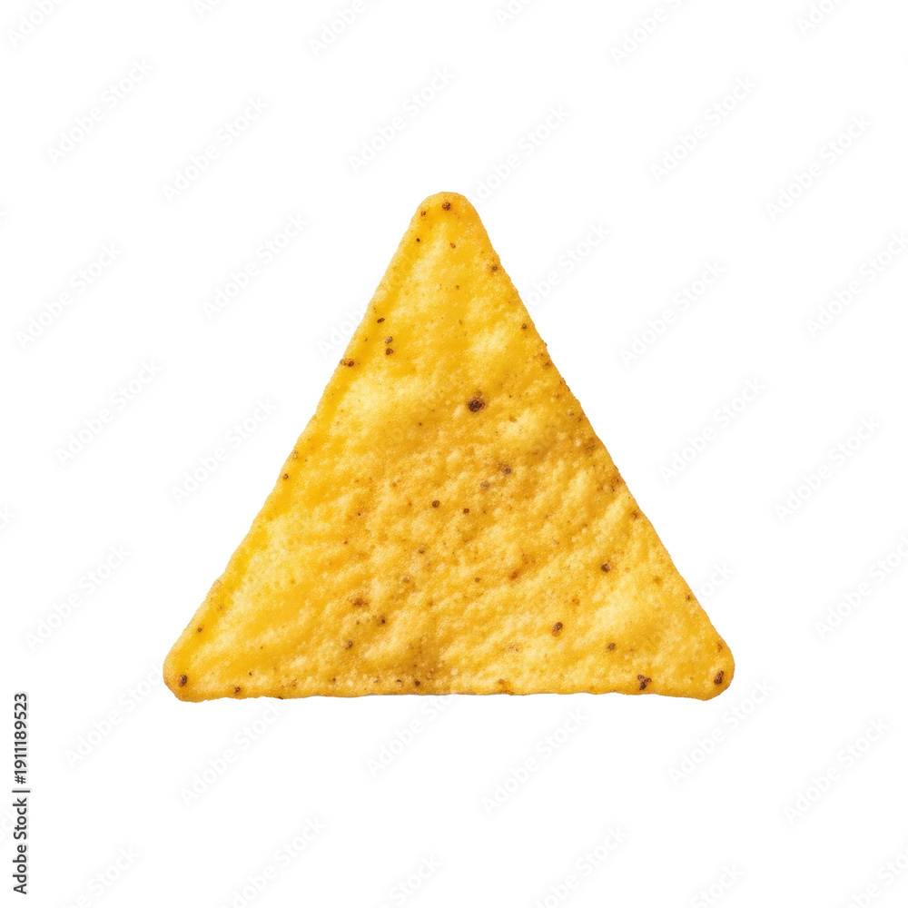 Fototapeta premium A pristine, golden-yellow corn tortilla chip, perfectly triangular with crispy texture and savory seasoning, centered on a transparent background. Concept of gourmet deliciousness