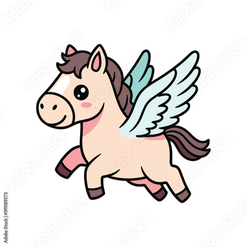 Cute cartoon flying pegasus with wings isolated on white background illustration
