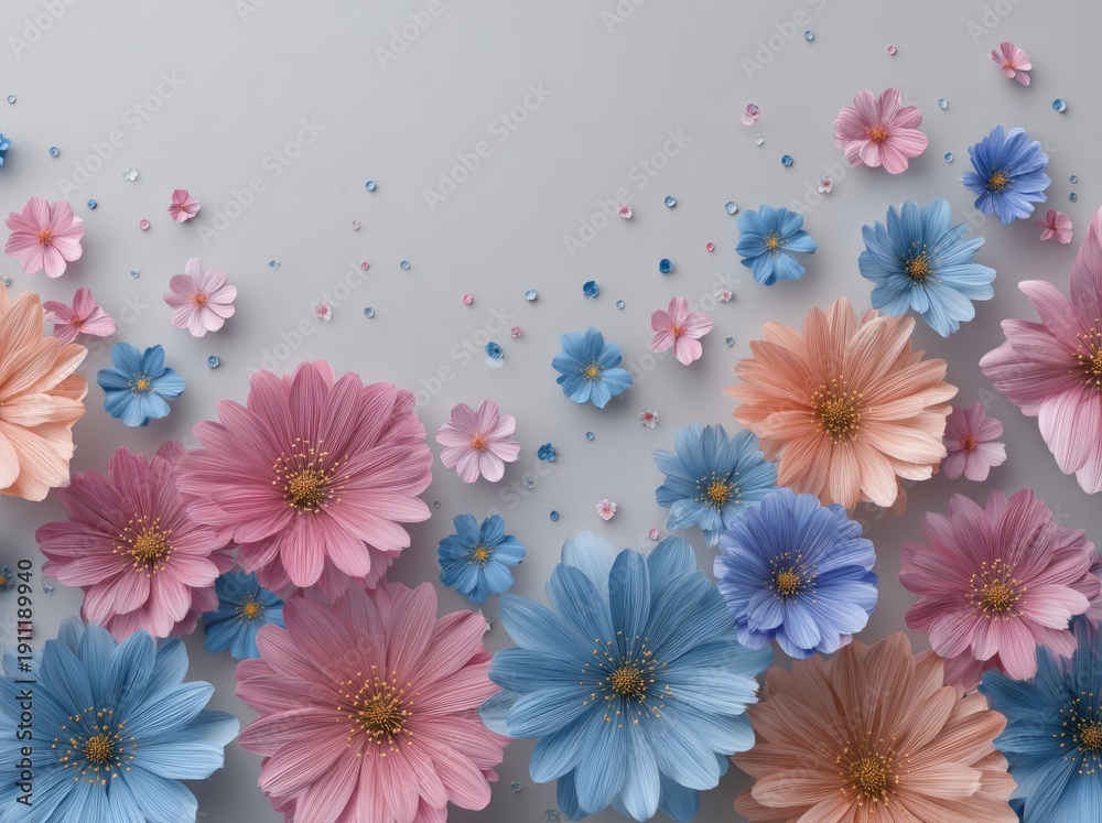 Fototapeta premium Vibrant Bloom Border: Pink and Blue Gerbera Daisies on Grey