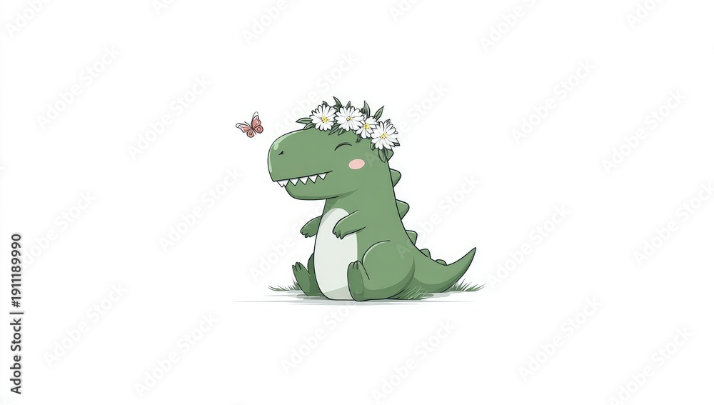 Fototapeta premium Adorable cartoon dinosaur with flower crown, observing butterfly on white background