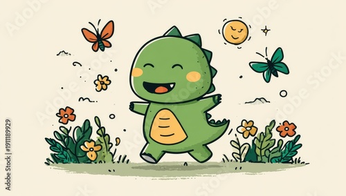 A cheerful green dinosaur joyfully runs amidst flowers, butterflies, and a smiling sun