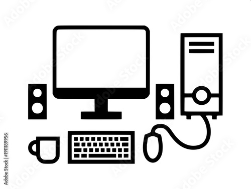 Black silhouette desktop computer setup, PC tower with front drawers and power button, monitor with power icon, keyboard and wired mouse, flat vector, white background, minimal design