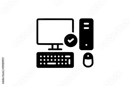 Black silhouette desktop computer setup, PC tower with front drawers and power button, monitor with power icon, keyboard and wired mouse, flat vector, white background, minimal design