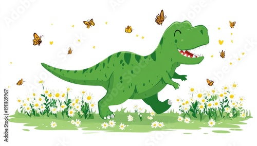 Green dinosaur joyfully runs amidst daisies and butterflies. Animated, cheerful illustration