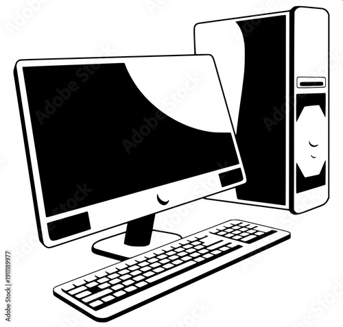 Black silhouette desktop computer setup, PC tower with front drawers and power button, monitor with power icon, keyboard and wired mouse, flat vector, white background, minimal design