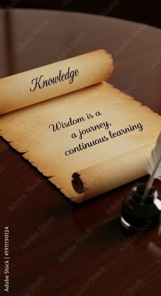 Fototapeta premium Ancient Scroll With Wisdom Quote and Quill