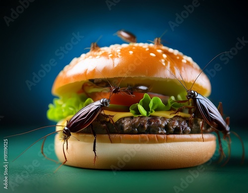 nauseating hamburger with cockroaches food of the future or safety hazard