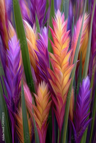 Close-up of colorful, vibrant flowers with layered petals and long green leaves
