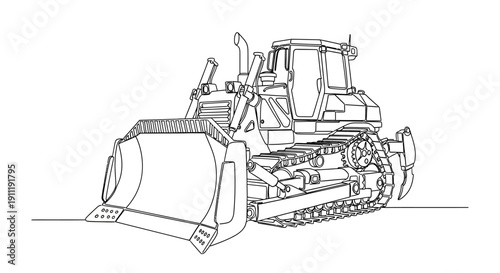 A detailed line drawing of a heavy-duty bulldozer with a large front blade and tracks, showcasing its mechanical components and robust design.