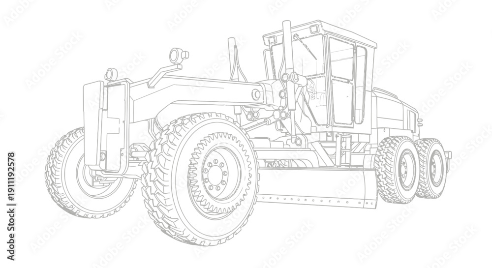 Obraz premium Wireframe drawing of a heavy-duty motor grader construction vehicle.