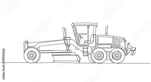 Line drawing of a heavy-duty motor grader construction vehicle in profile view, used for earthmoving and roadwork.
