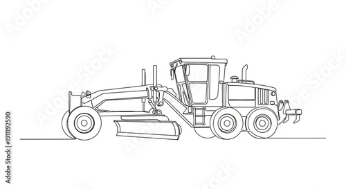 Continuous line drawing of a motor grader, a heavy construction vehicle used for road building and earthmoving, depicted in a minimalist black and white style.