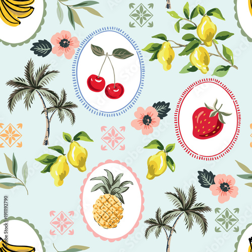Yellow lemon, cherry berry, strawberry, banana fruit, pineapple, frames, palm trees, flowers, light blue background. Vector illustration. Seamless pattern. Summer trendy design