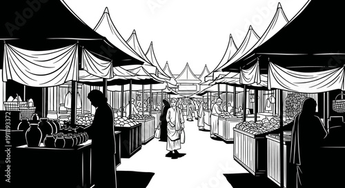 Dynamic black and white illustration of a bustling traditional marketplace. Shoppers and vendors interact amidst vibrant market stalls.