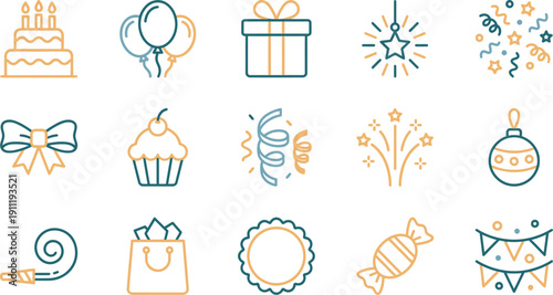 A delightful assortment of vibrant line icons for birthday celebrations, party planning, and festive event designs