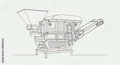 Detailed line drawing of an industrial shredder or processing machine with hopper and conveyor belt.