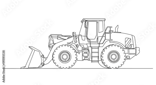 Detailed line drawing of a heavy-duty wheel loader, a powerful construction vehicle with a large front bucket, used for moving earth and materials.
