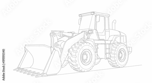 Line drawing of a heavy-duty front-end wheel loader, a powerful construction machine with a large bucket, used for moving earth and materials.