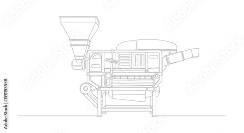 Detailed technical line drawing of an industrial processing machine with hopper and internal mechanisms.
