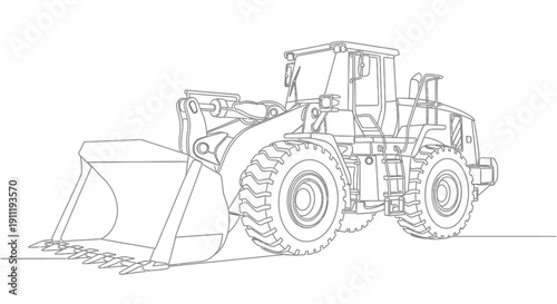 Detailed line drawing of a heavy-duty wheel loader, a powerful construction vehicle with a large front bucket for earthmoving and material handling.