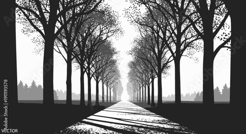 Dramatic black and white avenue of bare winter trees along a straight road leading to a distant light, a symbolic journey.