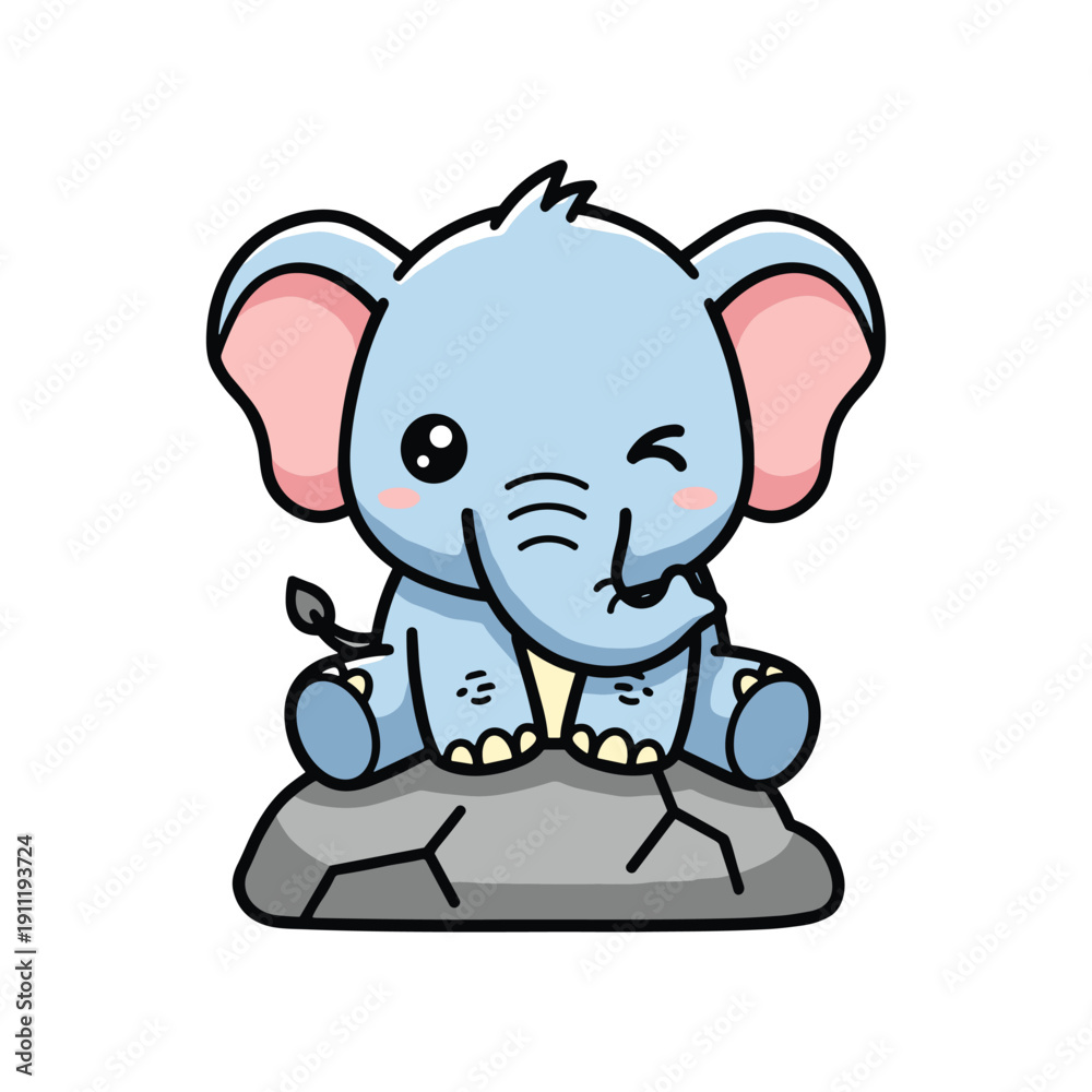 Fototapeta premium Adorable Cartoon Elephant Sitting on Rock with Winking Eye