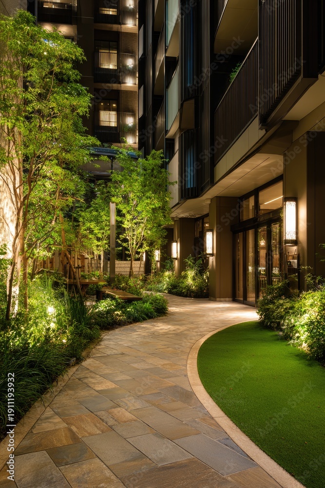 Fototapeta premium Evening urban scene of a landscaped courtyard with illuminated pathway