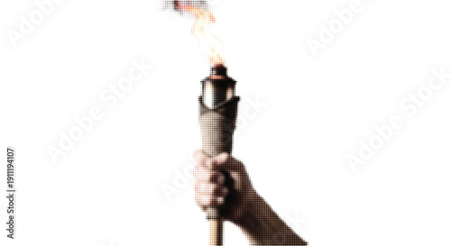 Hand Holding Burning Torch with Halftone Texture Effect