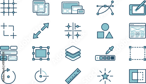 Modern Digital Design and Development Icons Set A Comprehensive Collection of UI/UX, Grid, and Vector Tool Graphics