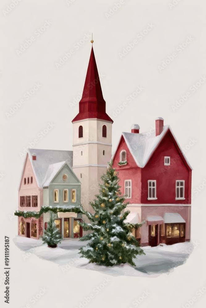 Fototapeta premium Watercolor illustration of a charming, snow-covered Christmas town with festive lights and decorated trees. Perfect for holiday designs.