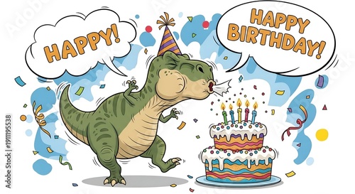 Happy dinosaur celebrating birthday with colorful cake and confetti
