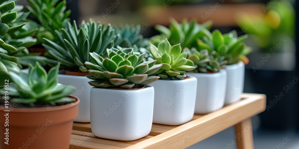 Obraz premium Delightful arrangement of vibrant succulents in bright ceramic pots