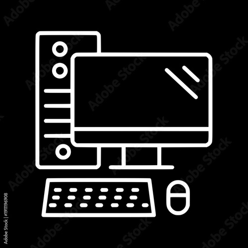 Black desktop PC vector icon, computer tower with drive bays, monitor screen, wired mouse and keyboard, minimal monochrome flat design