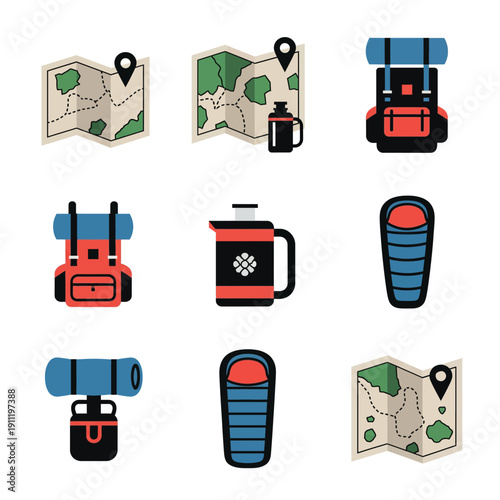 Camping Gear Icons Set for Outdoor Adventures.