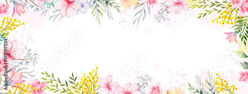 Horizontal long floral spring frame with mimosa . Hand drawn. Not AI, vector illustration